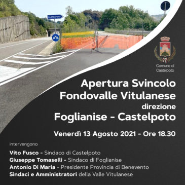 Venerdì l’apertura dello svincolo sulla Fondovalle Vitulanese direzione Foglianise-Castelpoto
